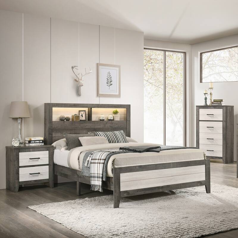 1pc Nightstand Two-tone Finish Convenient Bedside Storage,Gray Beige