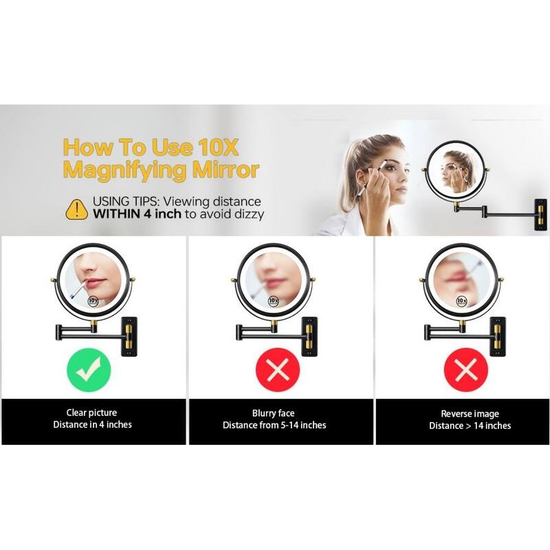 8in. LED Light Wall Mounted Makeup Mirror with 3 Colors, 1x/10x HD Magnifying Double-Sided Mirror, Extension Arm