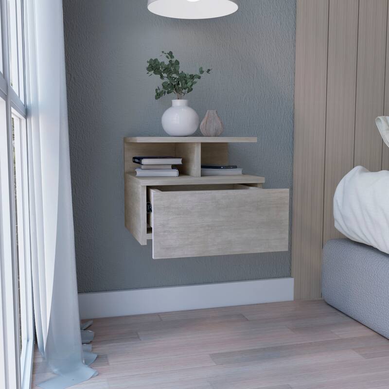 Wall-Mounted Floating Nightstand with Drawer and 2-Tier Shelf, Concrete Gray