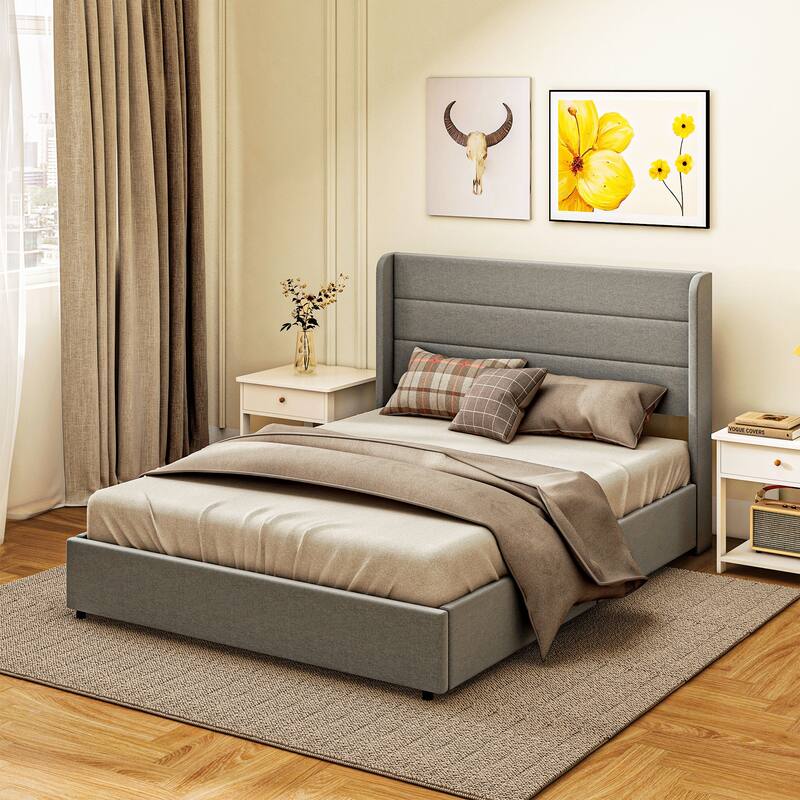 Upholstered Full Size Bed Frame with Headboard, Storage Drawers, Wood Slats, Noise-Free, Easy Assembly, Light Gray