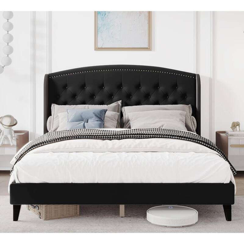 Upholstered Platform Bed Frame with Wingback Headboard - Black - King