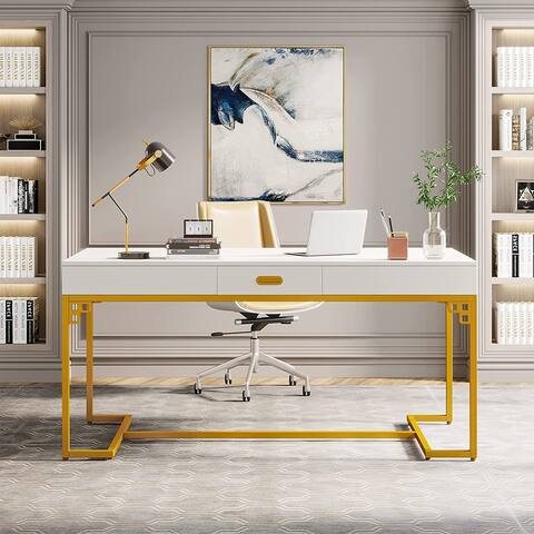 Executive Desk, 63 W x 31.5 D Large Office Desk, White and Gold