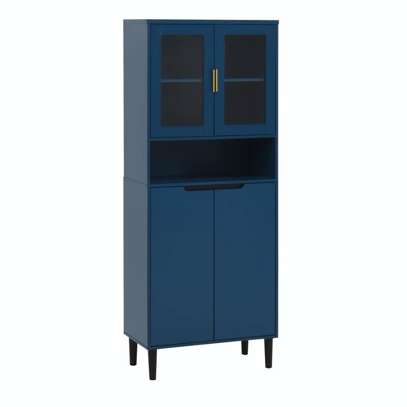 Tall Kitchen Pantry Cabinet with 2 Glass Display Doors & 2 Solid Doors