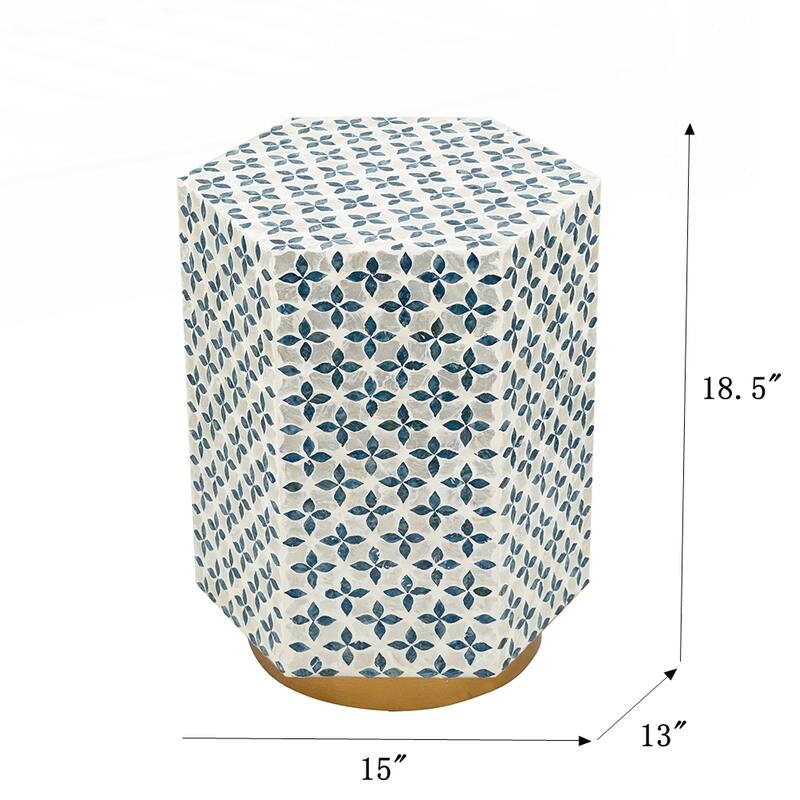 Hexagonal Accent Table with Blue Capiz Design and Gold Base