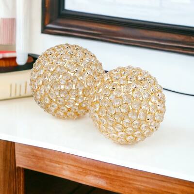 HomeRoots Set Of Two 5" Gold And Faux Crystal Bling Spheres - 5' X '5' X '5