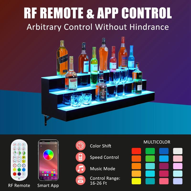 3-Step Wall Mounted LED Lighted Liquor Bottle Display Shelf