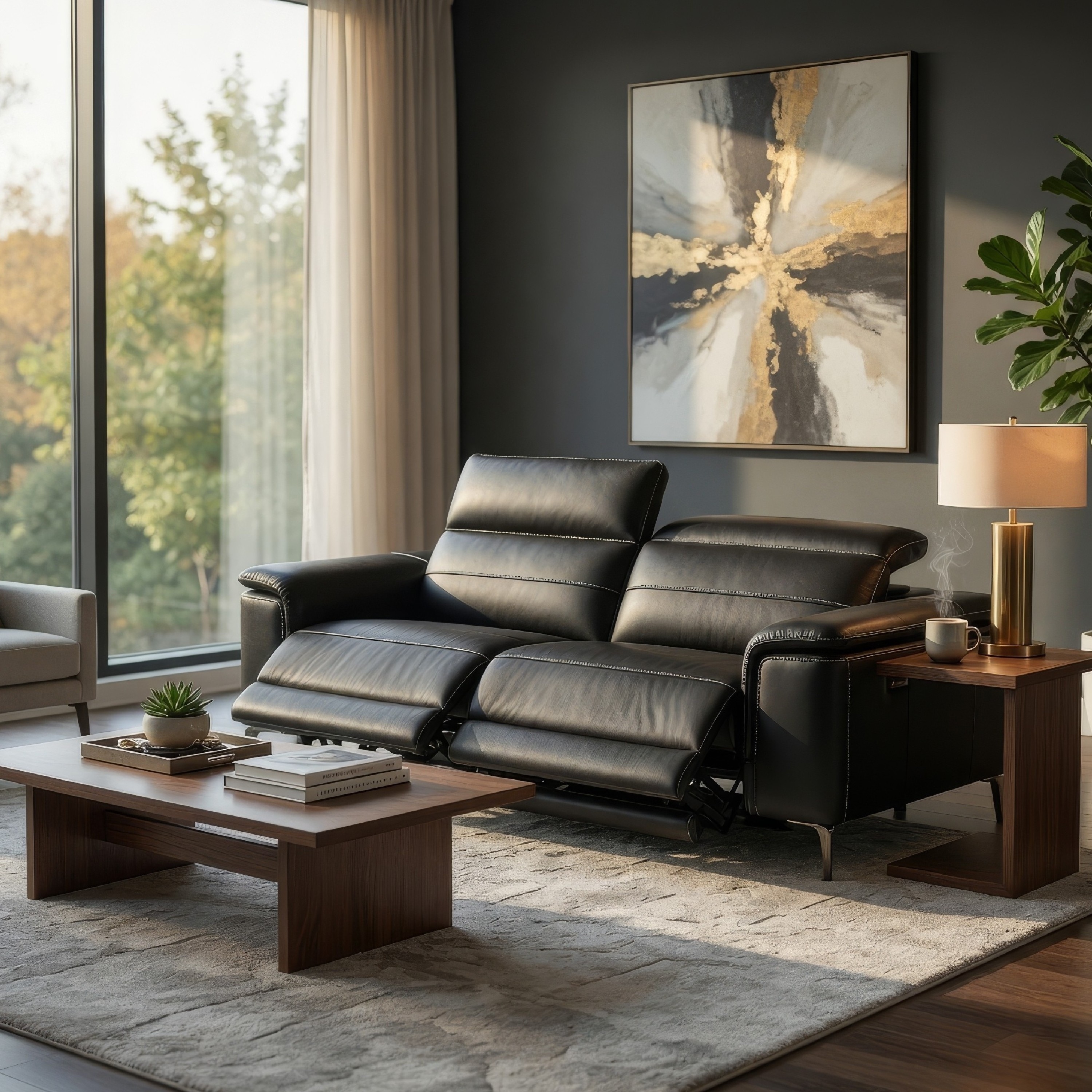 Cuny Power Reclining Sofa, Black Faux Leather, 88 Inch Wall Hug
