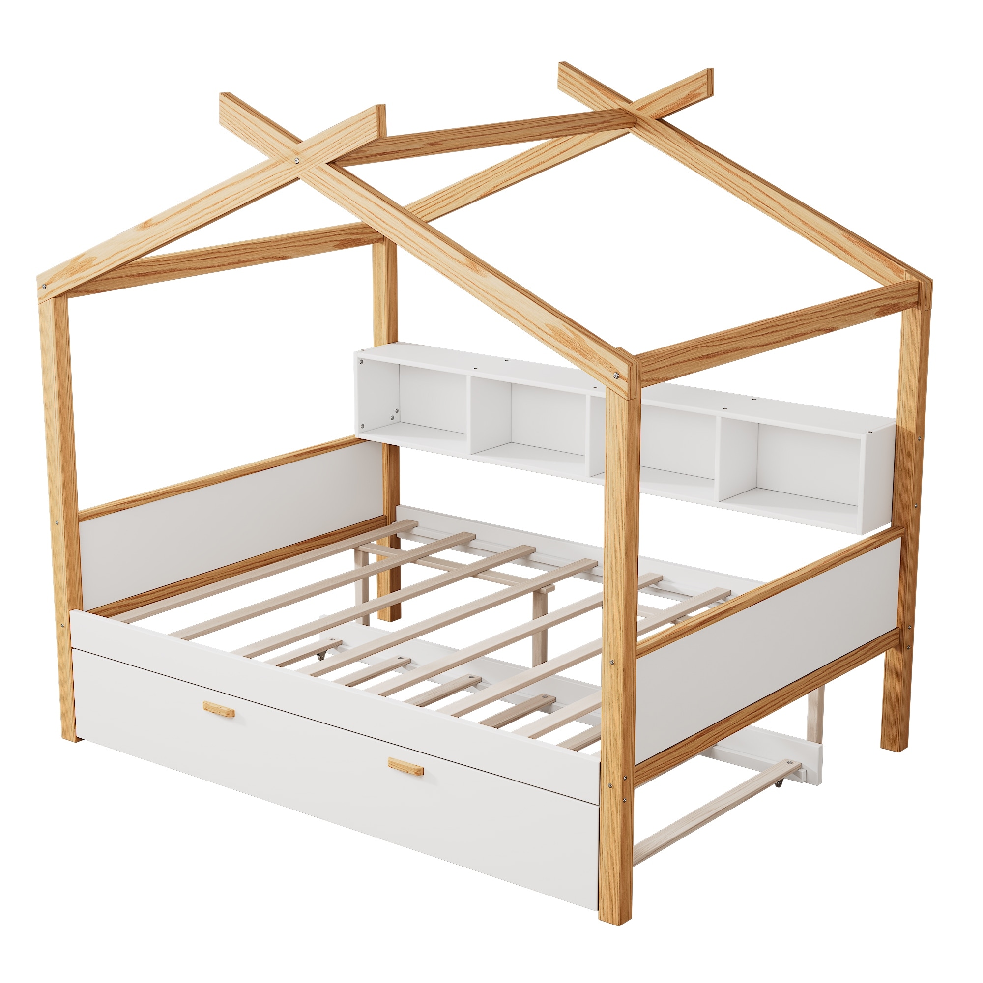 Kids Wooden House Bed with Bookshelf & Trundle