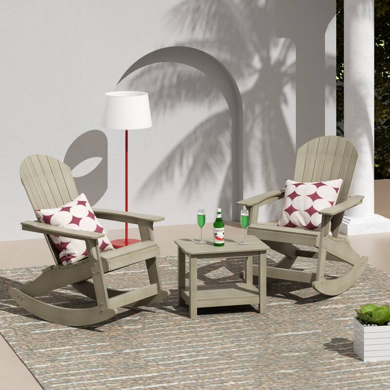Vineyard HIPS Outdoor Eco-Friendly All Weather Seashell Rocking Adirondack Chairs with Side Table (3-Piece Set) - Weathered Gray