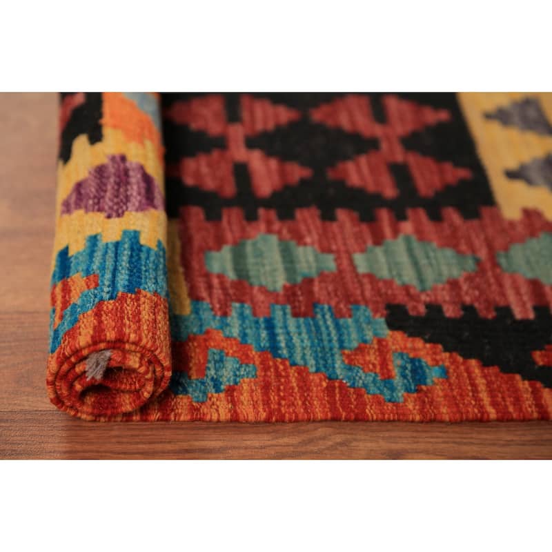 Orange Kilim Oriental Area Rug Hand-Woven Geometric Wool Carpet - 8'0"x 11'8"