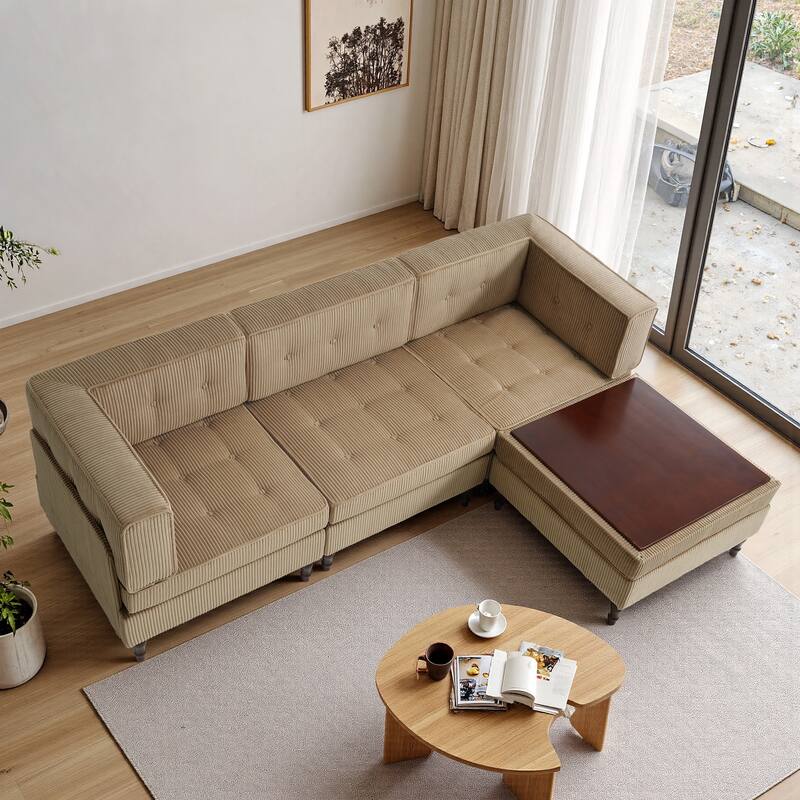 UIXE 4 - Piece Corduroy Sectional Sofa with Flip-Top Storage Ottoman Coffee Table