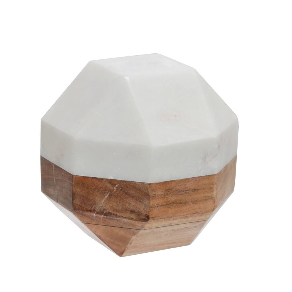 6 Inches Marble and Wood Frame Octagonal Orb, Brown and White