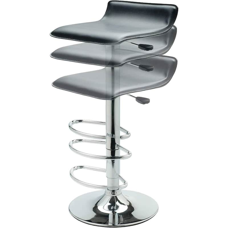 Modern Adjustable Black Faux Leather Bar Stools with Chrome Base and Swivel Seats - 18"D x 16"W x 29"H
