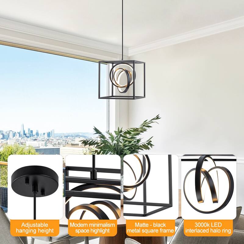 Modern Square LED Pendant Light Dimmable Adjustable Hanging Fixture - Dia.10-in