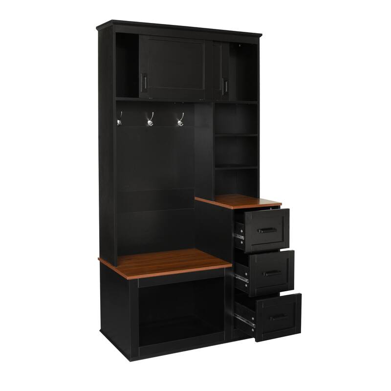 Coat Rack w/ 3 Shelves and Drawers,Hooks,Hall Tree with Storage Bench