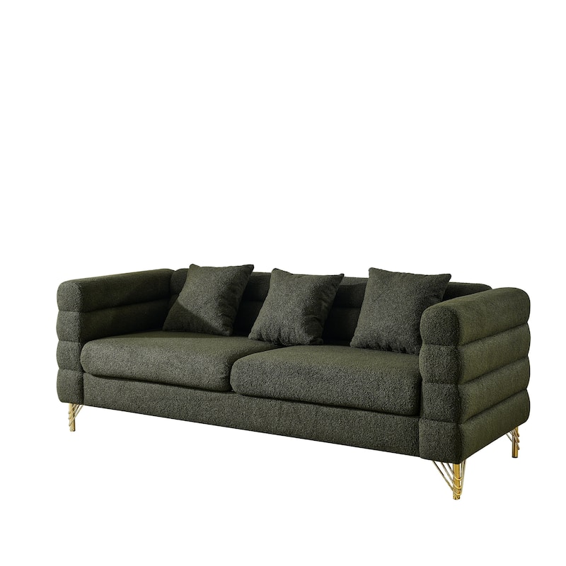 Roomfitters Luxury 3-Seater Teddy Fabric Sofa with Gold Metal Legs, Deep Seating Couch with Pillows