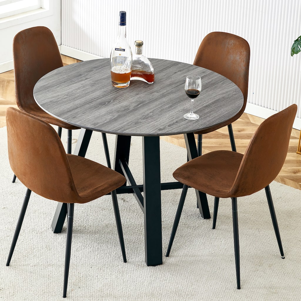 42" Round Minimalist Dining Table Set for 4, Wood Grain Dinner Table with 4 Techno-Fabric Chairs and Metal Legs