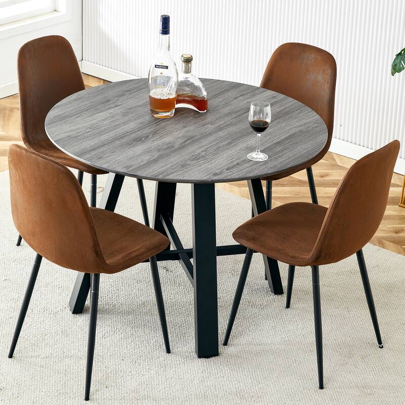 42" Round Minimalist Dining Table Set for 4, Wood Grain Dinner Table with 4 Techno-Fabric Chairs and Metal Legs - Black,Brown,Dark Gray