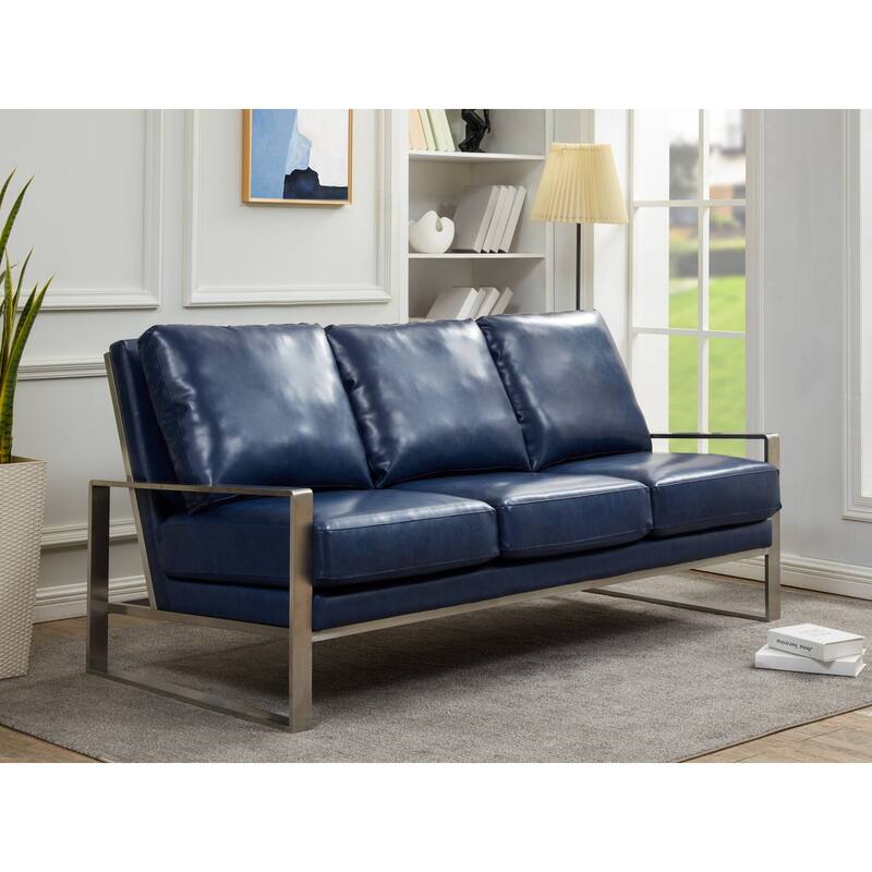 Leisuremod Jefferson Modern Design Faux Leather Sofa With Silver Frame - 77.1