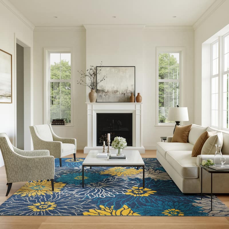 Nourison Passion Abstract Modern Floral Area Rug - 8' x 10' - Blue/Yellow