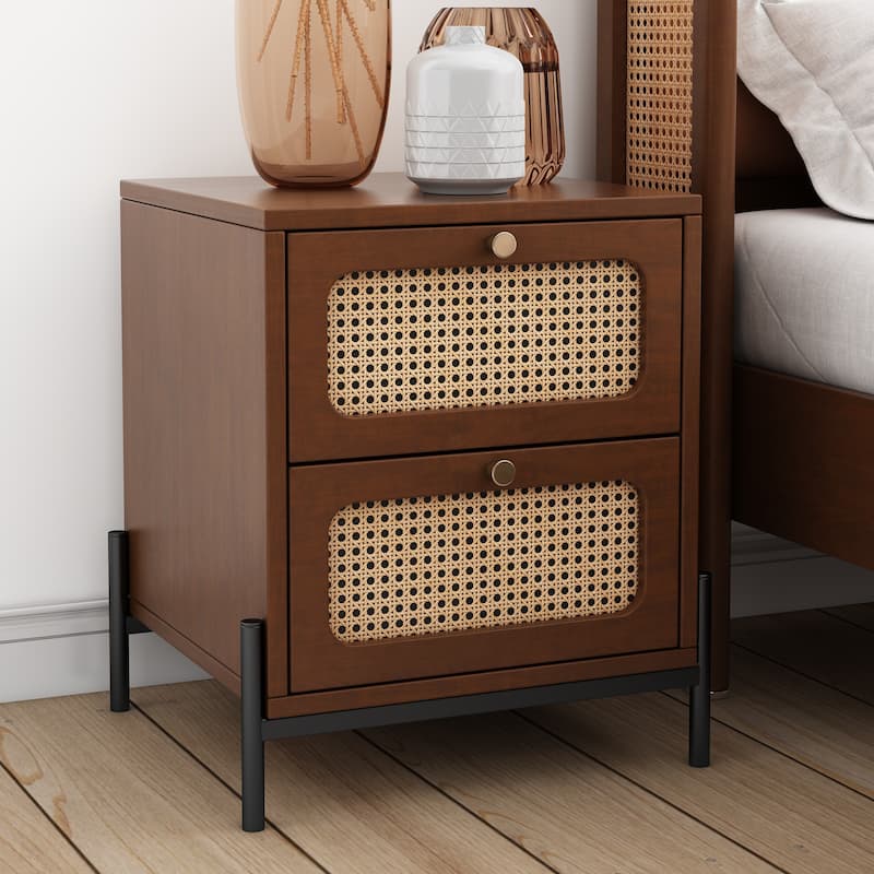 Modern Cannage Rattan Wood Closet 2-Drawer Side Table End Table Nightstand