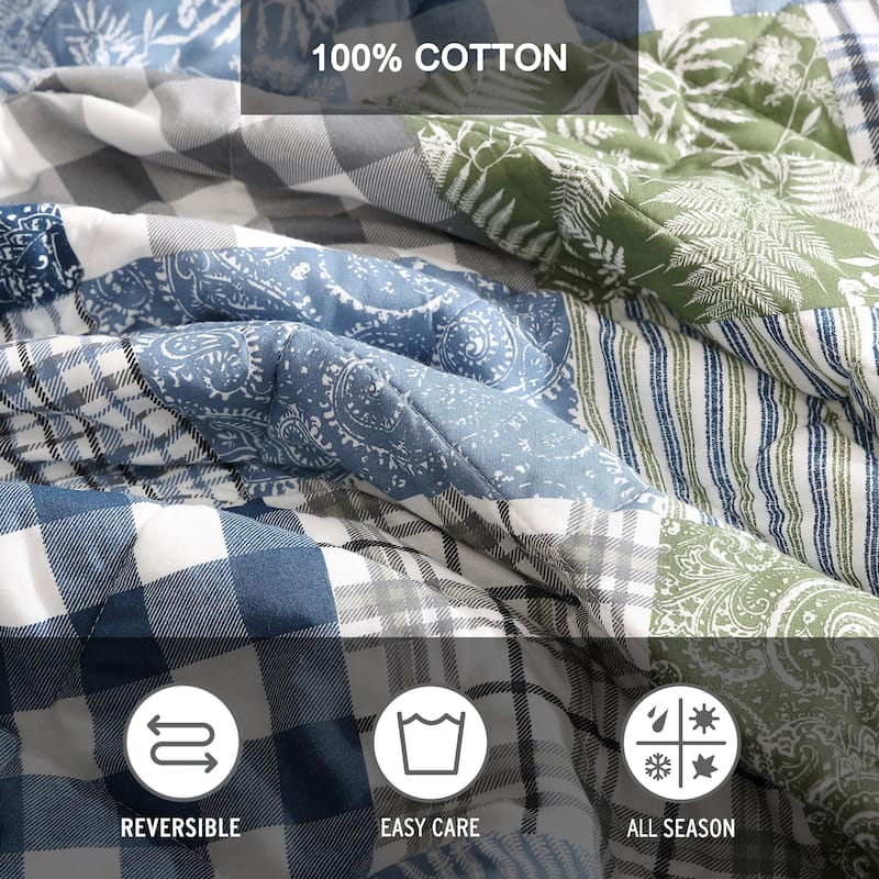 Eddie Bauer Cozy Plaid Patchwork Cotton Reversible Blue Quilt Set