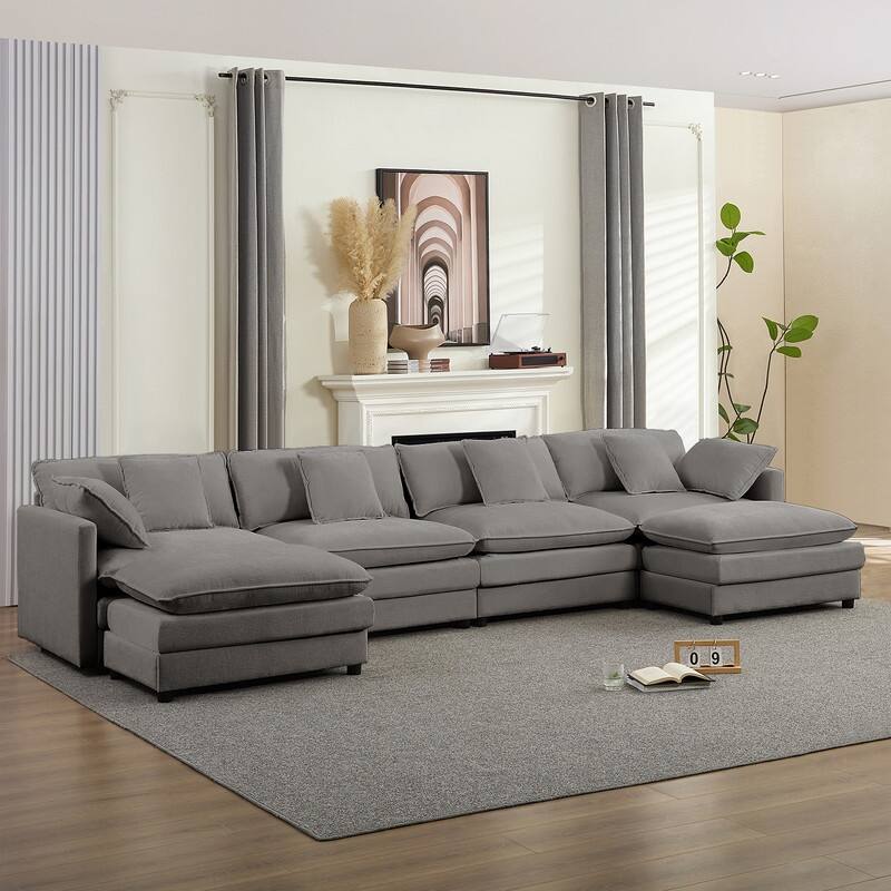 Mixoy 148''Oversized Modular Sectional Sofa, U-Shaped 6-Seater Chenille Upholstered Deep Seat Sofa with 2 Movable Ottomans - 4+2 - LIGHT GREY - Symmetrical