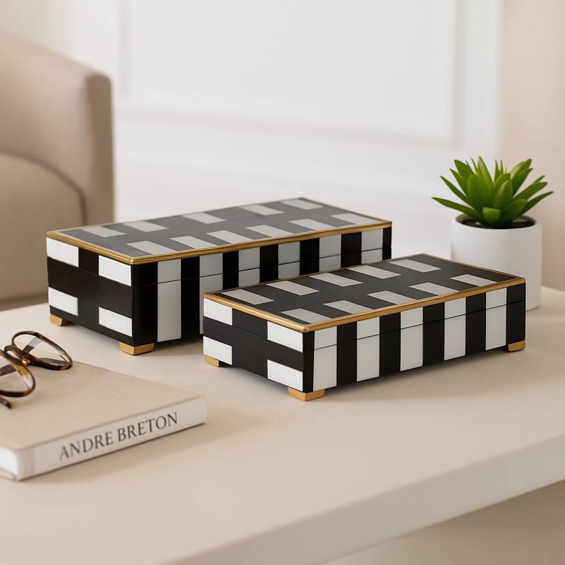 Resin Decorative Boxes with Stripe (Set of 2) - 4" & 3" Black, White - 14" x 8.5" x 4"