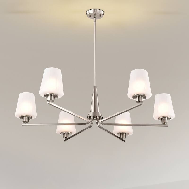 Lune 6 Light Chandelier Brushed Nickel Finish Etched White Glass - Brushed Nickel