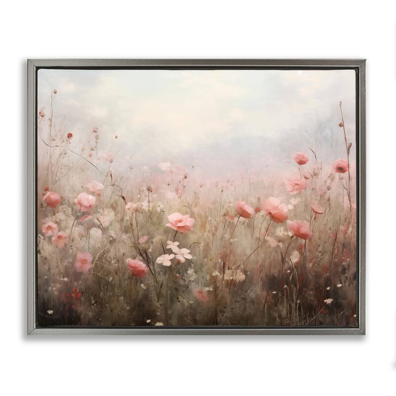 Stupell Pastel Pink Meadow Flowers Framed Floater Canvas Wall Art Design By Arlington Prints - 31 x 25 - Grey
