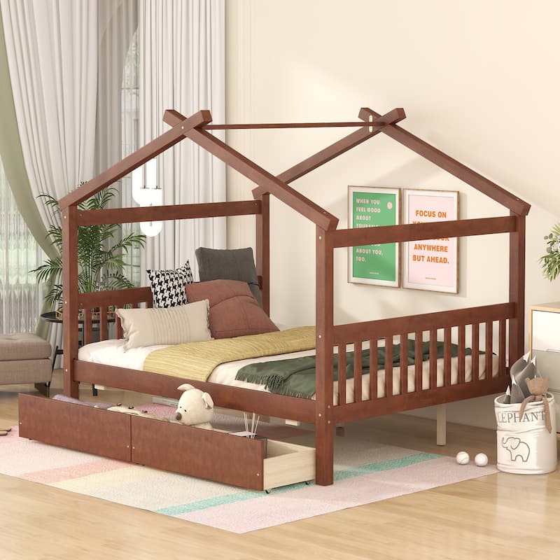 Full Size Wooden House Bed with Storage Drawers - Imaginative Kids Bed Frame