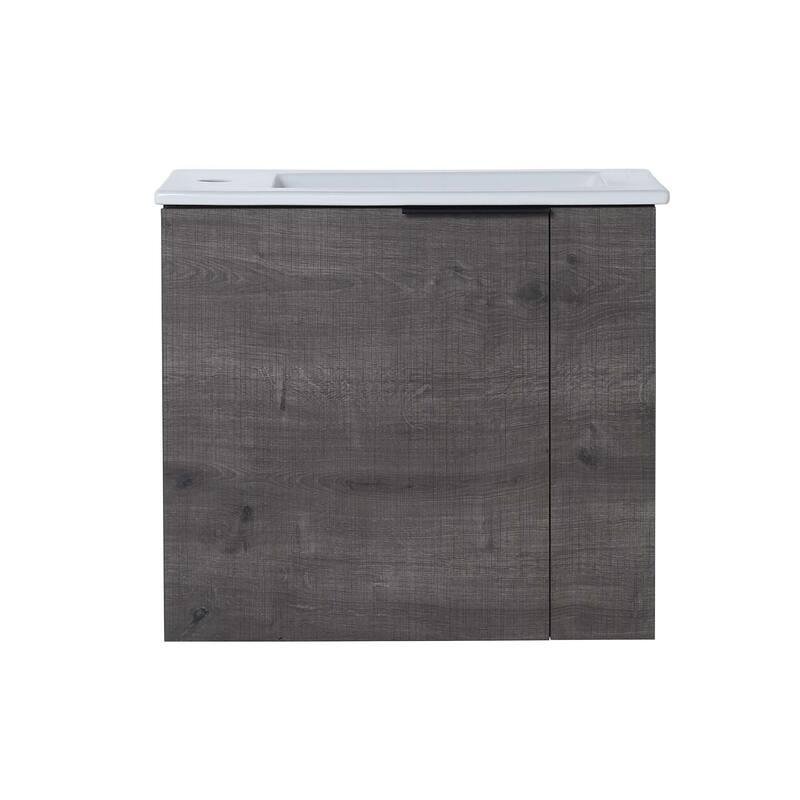 22 inch Plywood Wall-Mounted Bathroom Vanity in Grey Oak with Integrated Ceramic Sink in White with Soft Closing Door