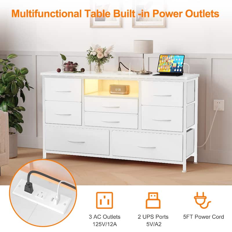 8-Drawer Fabric TV Stand with LED Lights & Built-in Power Outlets