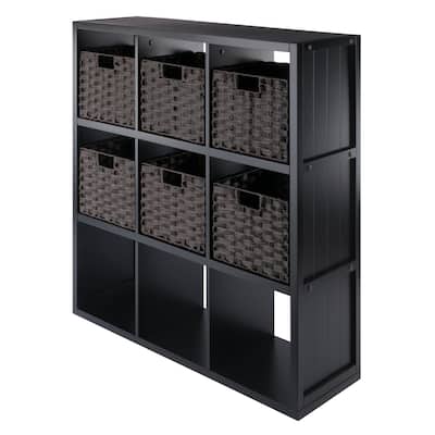 Timothy 7-Pc 3x3 Storage Shelf with 6 Foldable Woven Baskets, Black and Chocolate - 37.76 x 11.81 x 40.08 inches