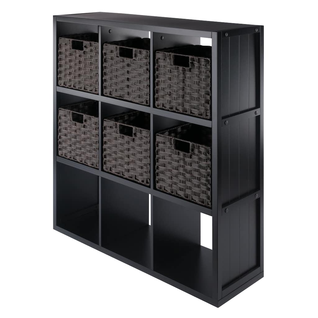 Timothy 7-Pc 3x3 Storage Shelf with 6 Foldable Woven Baskets, Black and Chocolate - 37.76 x 11.81 x 40.08 inches