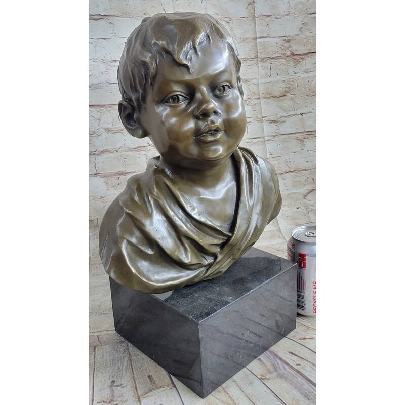 Bronze Metal Bust Statue Sculpture Of Young Boy Child On Marble Base Signed Original Art