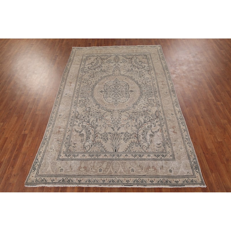 Distressed Tabriz Vintage Persian Rug Hand-Knotted Beige Wool Carpet - 6'6" x 9'11"