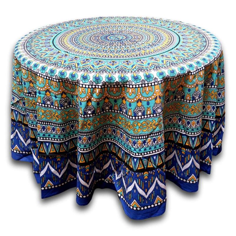 Cotton Inspiring Floral Tablecloth Collection - 88-in Round - Blue Green
