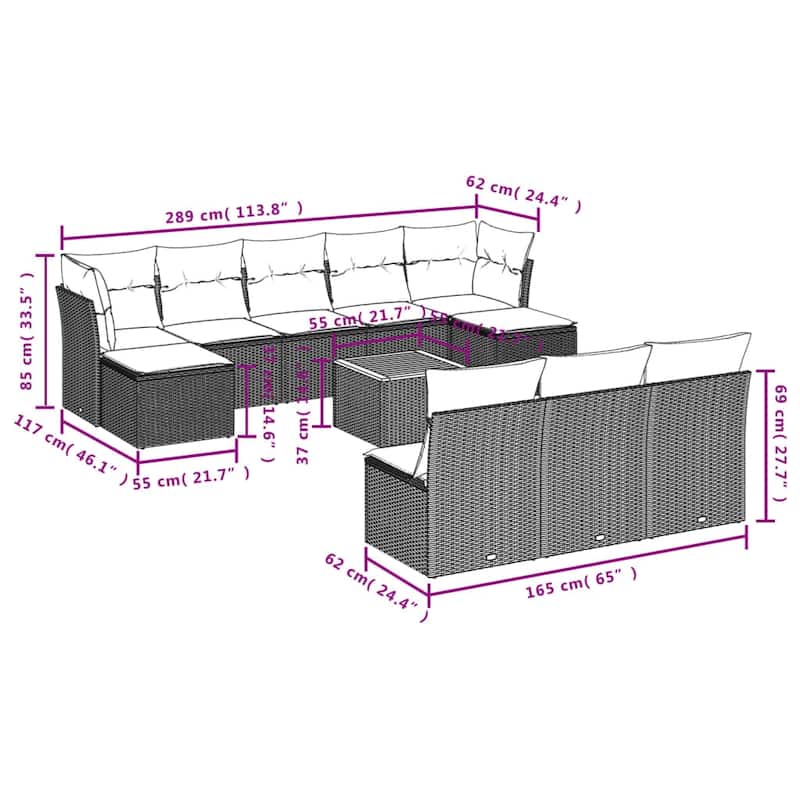 vidaXL Patio Sofa Set with Cushions Outdoor Furniture 11 Piece Poly Rattan - 24.4 x 24.4 x 27.2