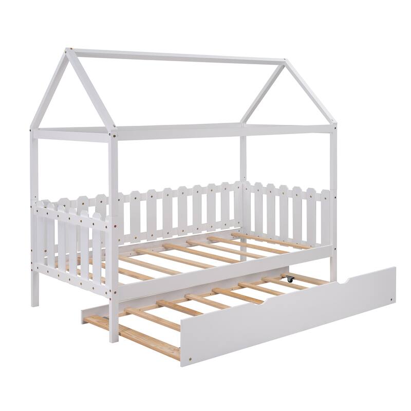 Twin Size Wooden House Bed with Trundle and Fence-Shaped Guardrail - On ...