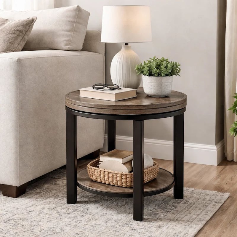Cyon 24 Inch Round Side End Table, Black Metal Frame, Gray Wood, Open Shelf