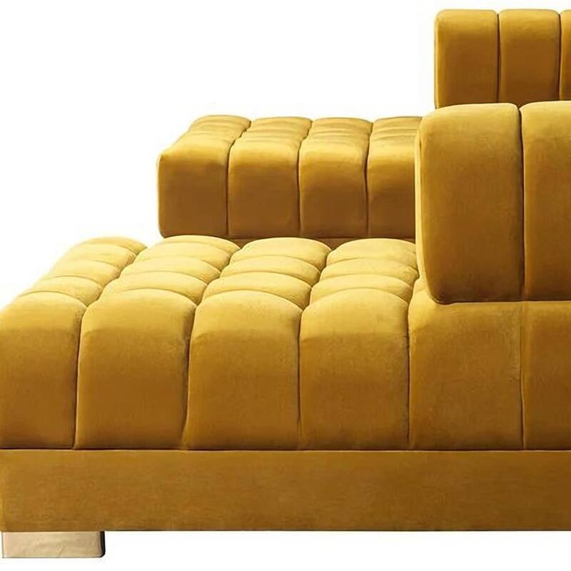 HomeRoots Mustard Velvet U Shaped Three Piece Sofa and Chaise Sectional With Toss Pillows