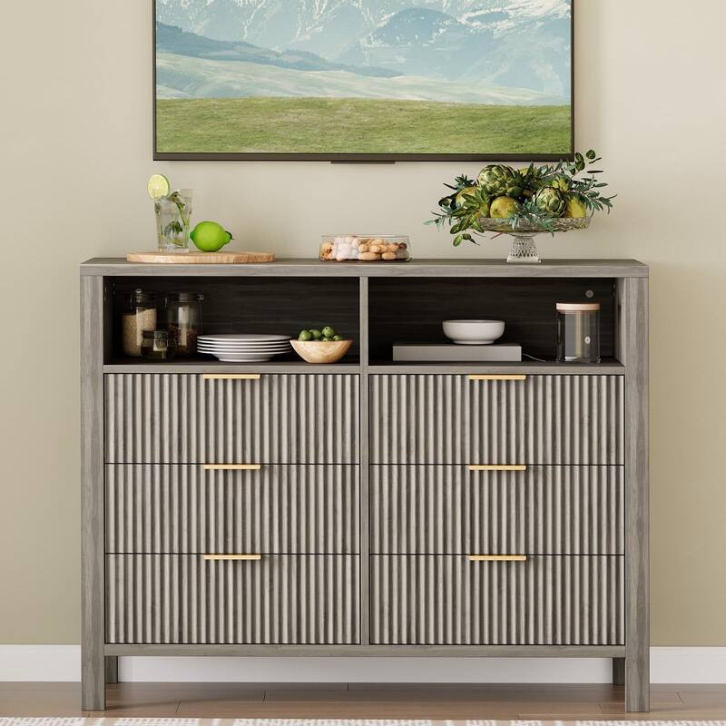 6 Drawer Dresser for Bedroom, Farmhouse Chest of Drawers with 2 Open Shelves and Fluted Doors