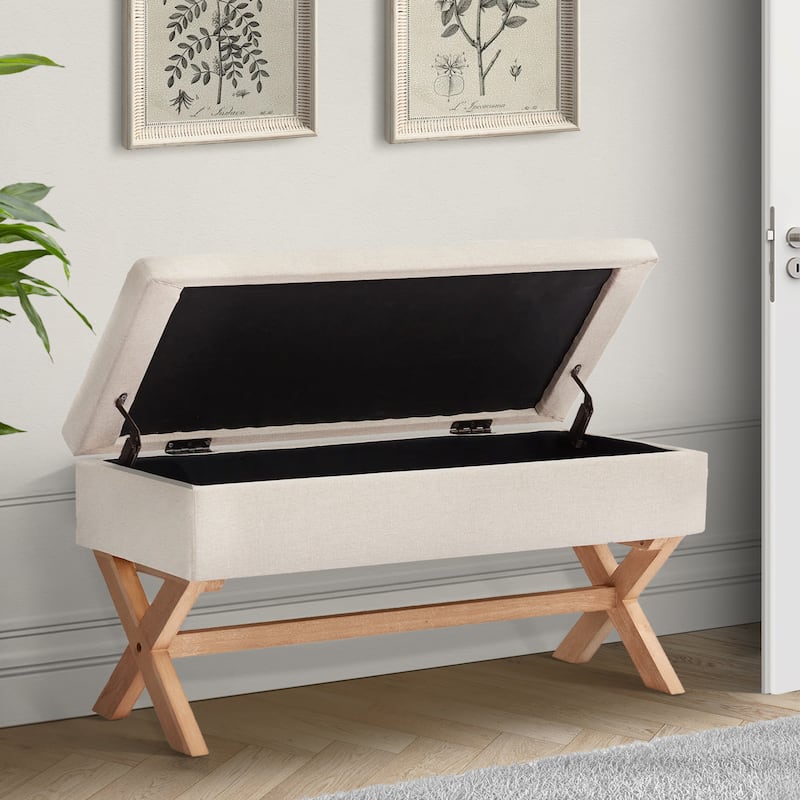 Fabric Entryway Bench Beige/ Grey Upholstered Storage Bench with X-Shaped Legs, 36-inch