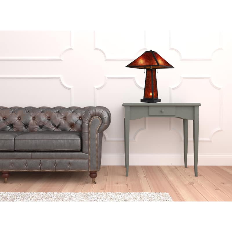 24" Contemporary 2-Light Metal Table Lamp with Amber Mica Shade and E26 Socket for Bedroom or Office - 23.5" H x 16" W x 16" D