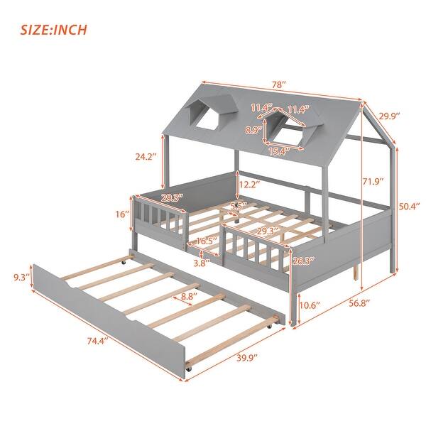 dimension image slide 0 of 2, Full Size House Bed with Trundle, Wood Kids Full Bed with Roof and Guardrails, Playhouse Beds Frame Full for Kids