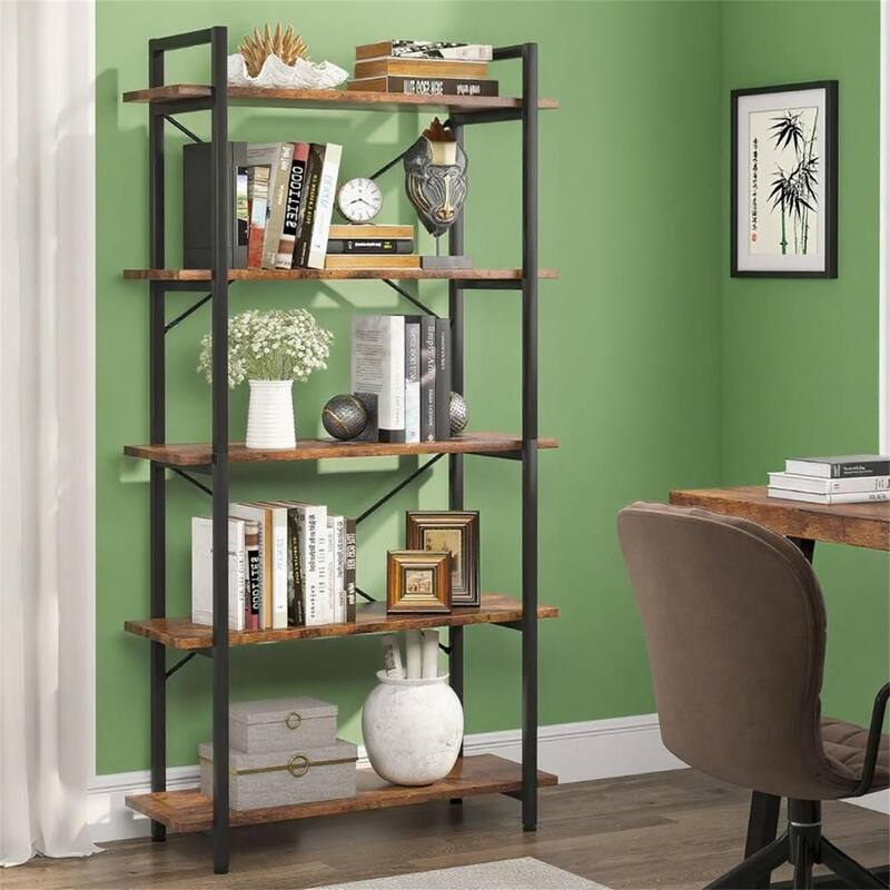 Industrial 5-Shelf Bookcase with X-Brace