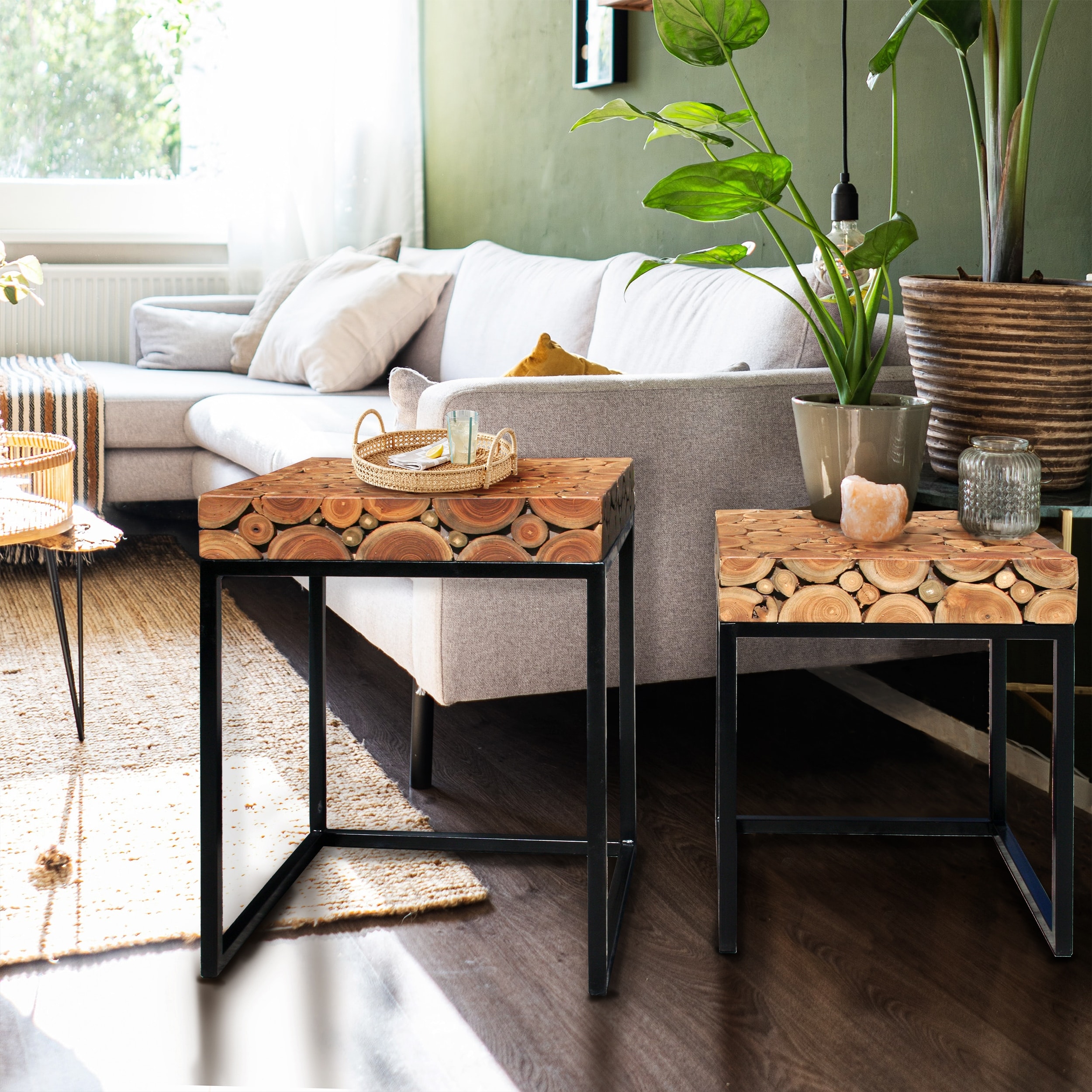 Chic Teak Rustic Teak Wood Nesting Side Tables - Set of 2 - Bed