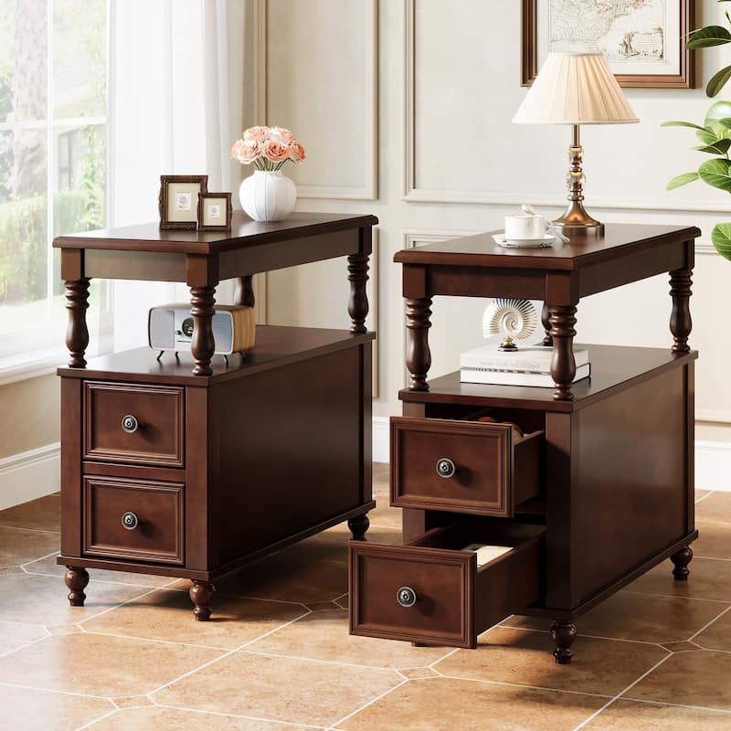 Solid Wood End Table with 2 Drawers - Brown