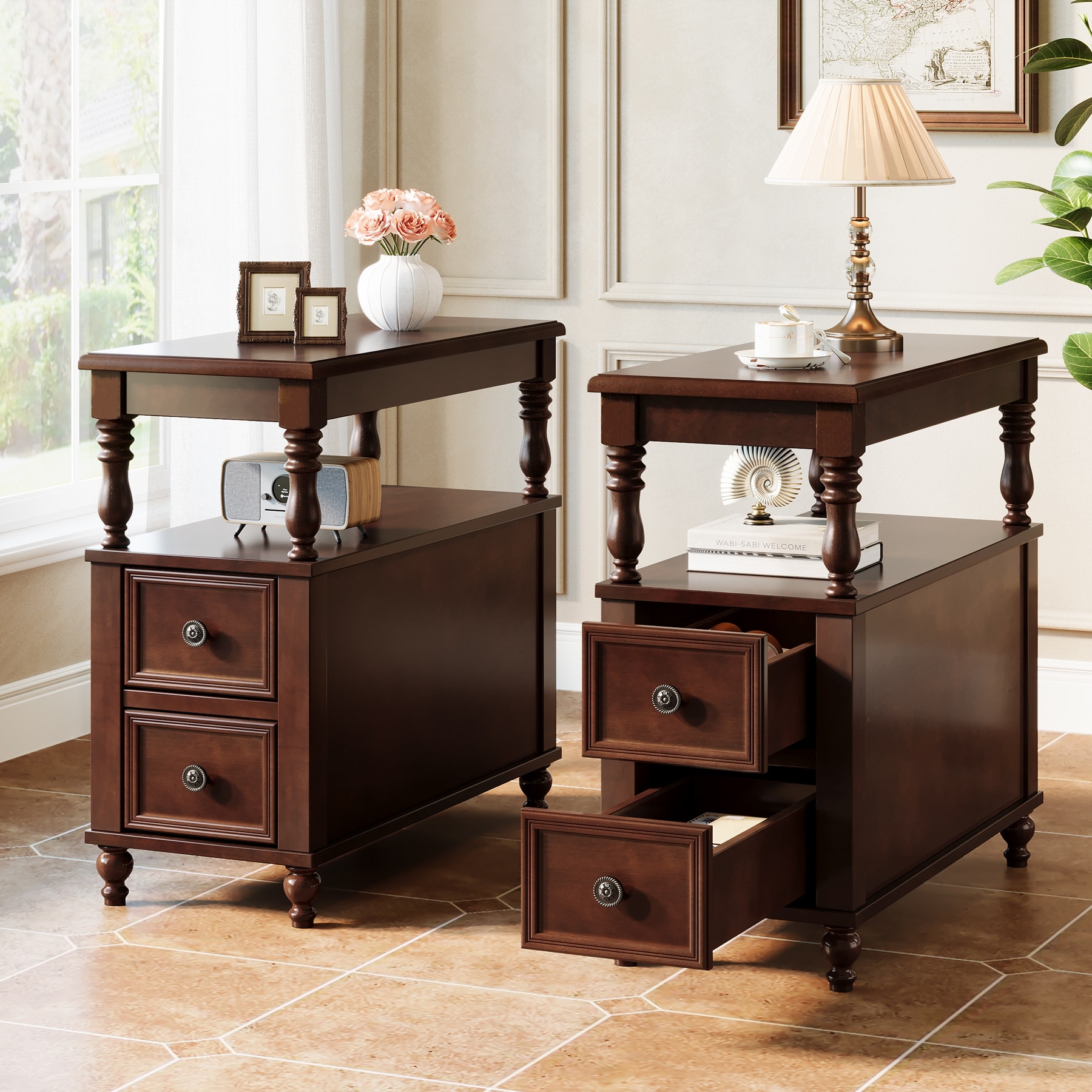 Solid Wood End Table with 2 Drawers